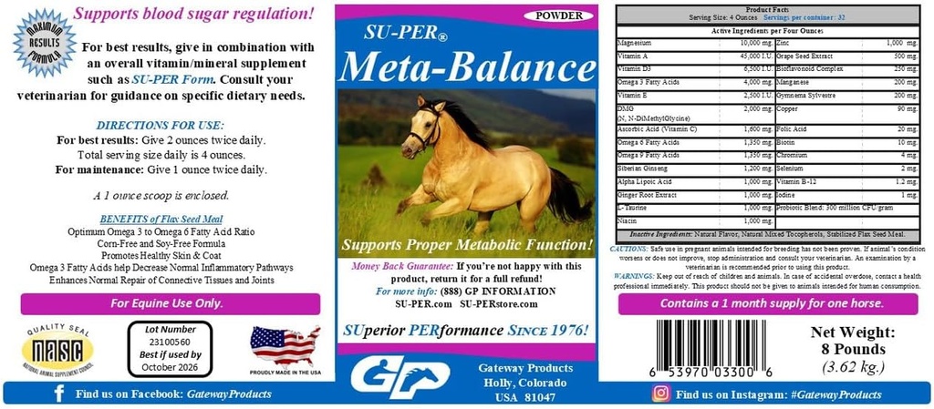 SU-PER Meta-Balance Horse Suporte Metabólico - Sangue Açúcar Regulação & Digestive Health Supplement - Horse Vitaminas e Minerais, Extratos de ervas, Probióticos - 8 Libras, 1 Mês de Abastecimento