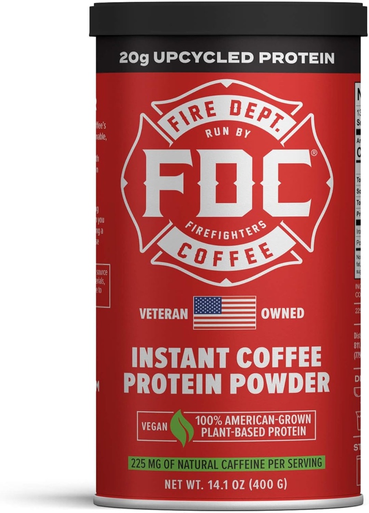 Café do Corpo de Bombeiros - Dá de volta aos bombeiros - pó de proteína de café instantânea - pó de proteína baseada em plantas - 100% americano-grown, feito com proteína de cevada upcycled - veterano possuído - 14.1 oz Can