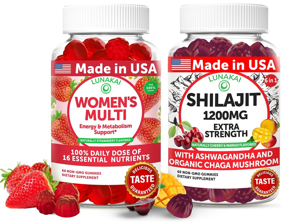 Lunakai EUA fez mulheres Multivitamin & Shilajit Gummies Bundle – Energia, Immune & Vitality Support – Naturalmente saboreado – 60 chicletes não-GMO cada