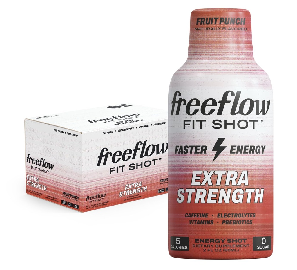 Freeflow Fit, Energia de força extra Shot, Fruit Punch (2 Ounce Shot, Pack of 12) - 150mg de cafeína por Shot, Zero Calorie, Zero Sugar Energy Shot...