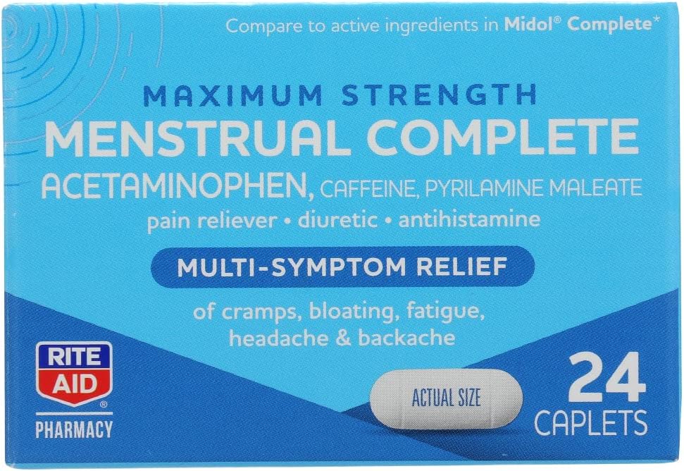 Rite Aid, Pharmacy Menstrual Multi Symptom Relief Caplets Máxima Força, 24 Contagem