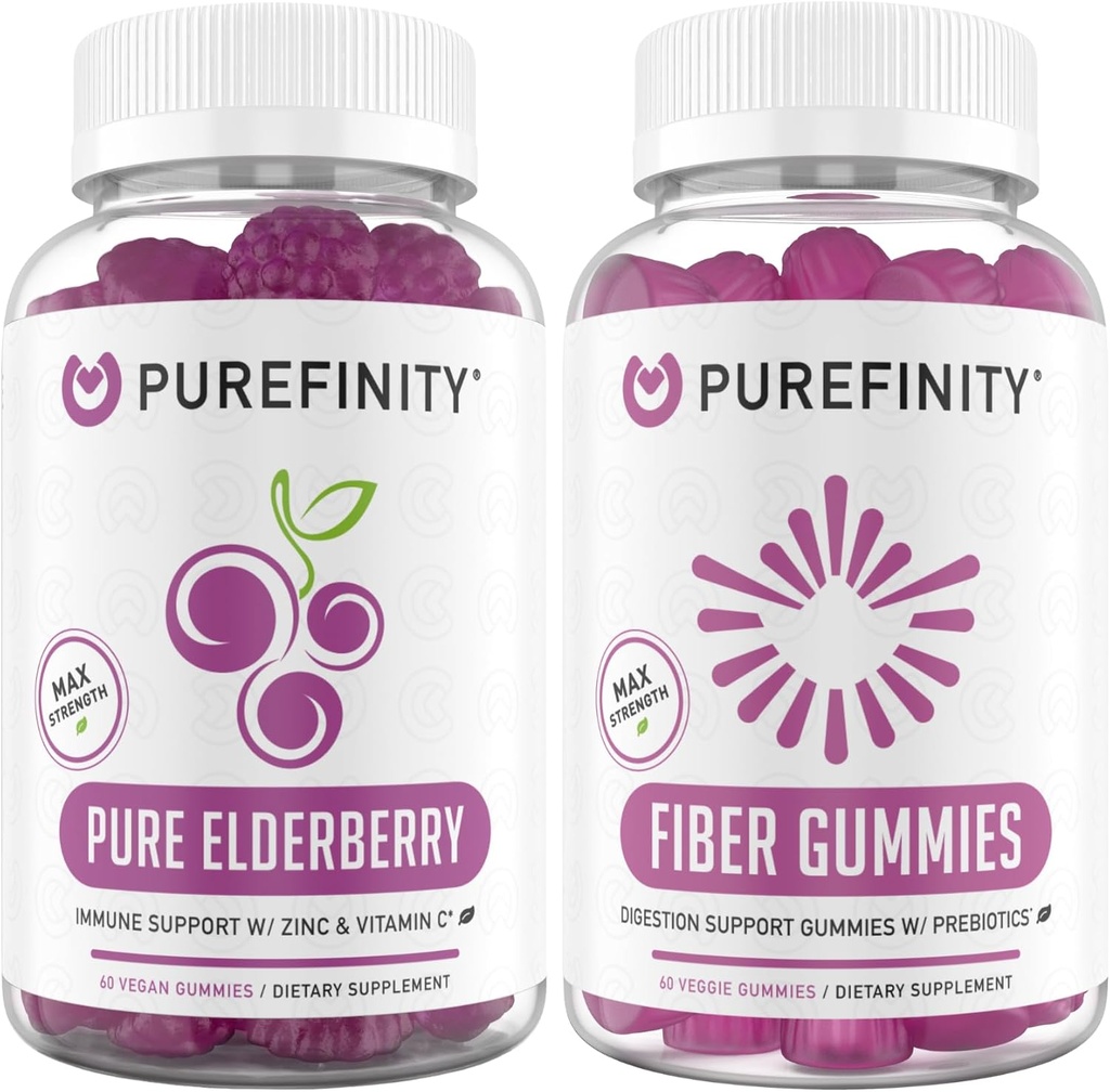 PUREFINITY Fibra + Elderberry Gummies Bundle (Inulin FOS Prebiótico chicletes de fibra + dupla força Elderberry Gummies com zinco e vitamina C)