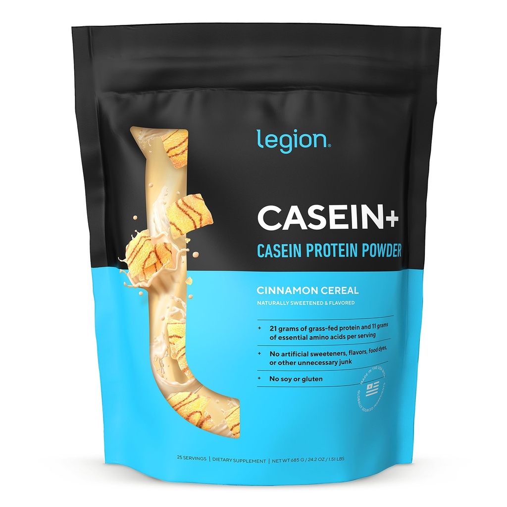 LEGION Caseína+ Pó de proteína de caseína (Cereal de canela) - Pó de proteína Micellar de liberação lenta - Não-GMO, sem glúten e naturalmente adoçado em pó de vacas alimentadas com grama
