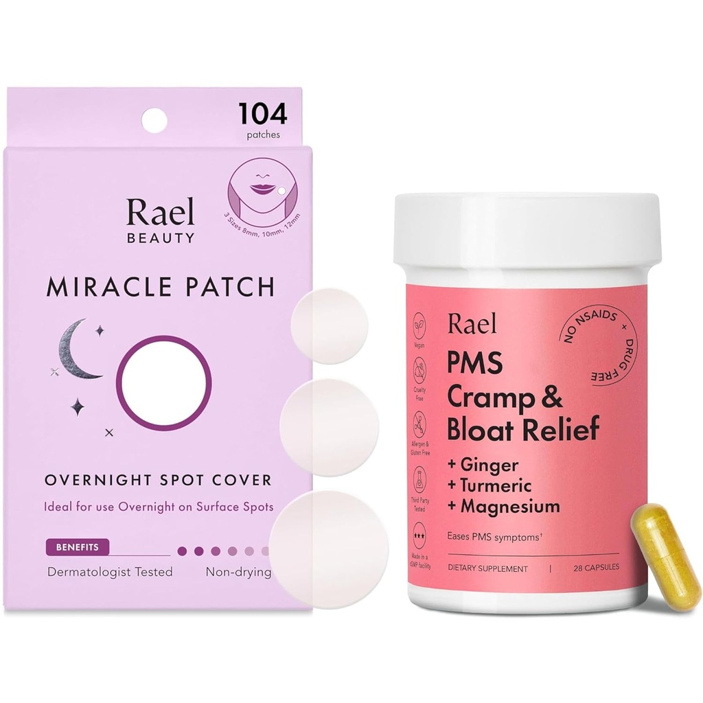 Rael Bundle - Cover Overnight Spot Pimple Patches (104 Count) & PMS Suplemento para Mulheres (28 Cápsulas)