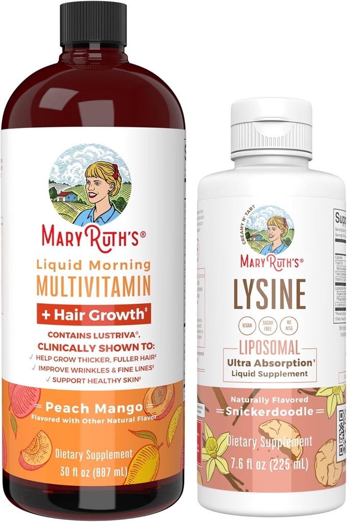 MaryRuth Organics Lysine Liposomal (Snickerdoodle) & Multivitamin Líquido + Crescimento do cabelo □ Clean Label Project Verified® Suporte Immune, Beleza, & Saúde geral
