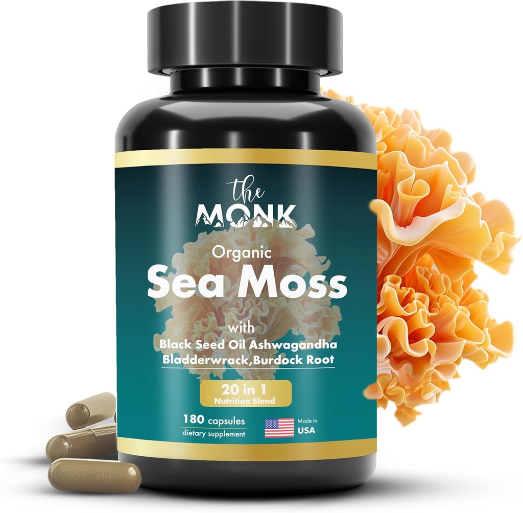 Cápsulas Organic Irish Sea Moss - Fórmula avançada, cru Wildcrafted Seamoss Suplemento com Bladderwrack e Burdock Root - 180 comprimidos - Made in The USA