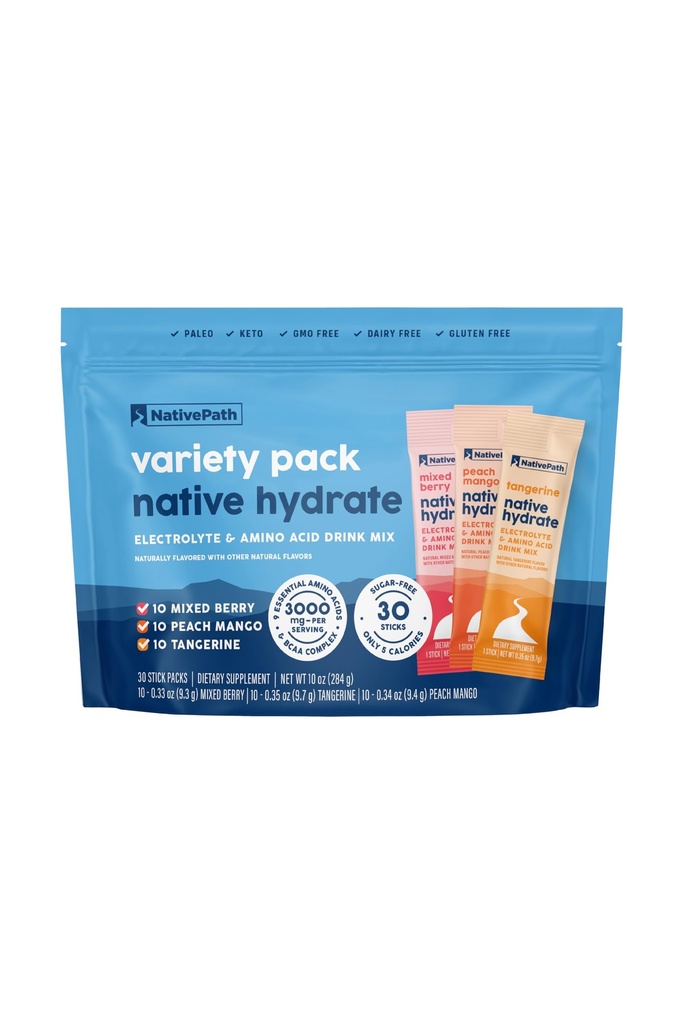 NativePath Native Hydrate Stick Packs com Eletrólitos e Aminoácidos, Variety Pack, Mistura de Berry, Mango de pêssego, Tangerina, 30 Servings