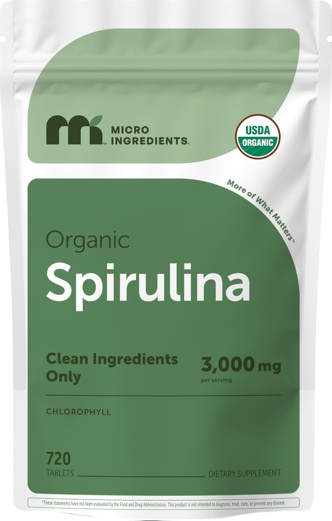 Micro Ingredientes suplemento de espirulina orgânica, 720 comprimidos (4 meses de abastecimento), Sem enchimento e não-GMO, rico em proteína Vegan, vitaminas e prebióticos, pílulas espirulina Premium
