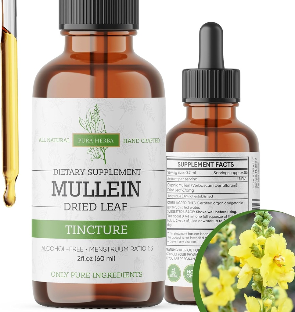 Tintura Mullein – gotas de mullein orgânicos para suporte pulmonar e bem-estar respiratório – Made in the USA – 2 Fl Oz
