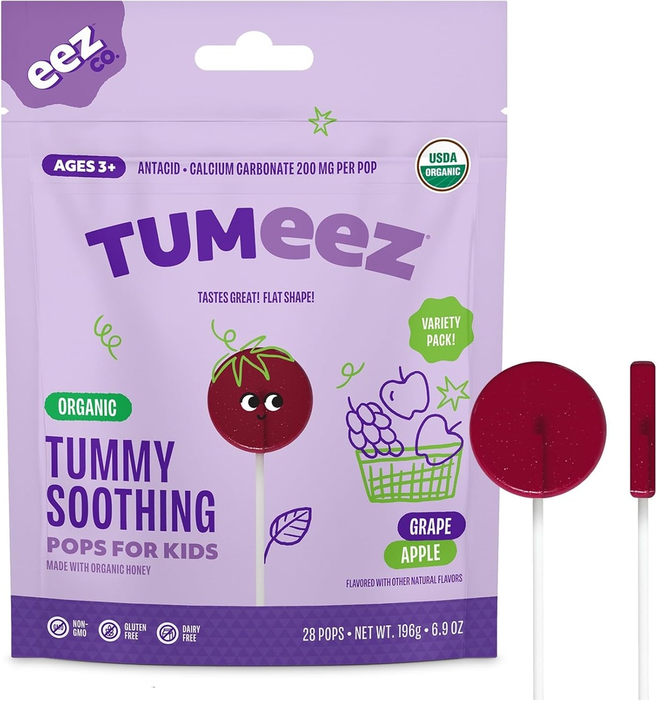 Tumeez Pirulitos Orgânicos para alívio estomacal irritado, Variety Pack perfeito para indigestão, azia e mais enquanto saboreando ótimo, uva e maçã sabores, 28 Contagem