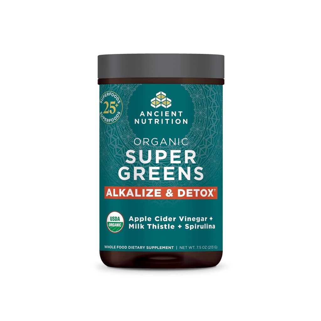 Nutrição antiga Supergreens Alkalize & Detox Powder, Superfood orgânico em pó feito de frutas, vegetais e ervas reais, para apoio digestivo e energético, 25 Servings, 7,5 oz