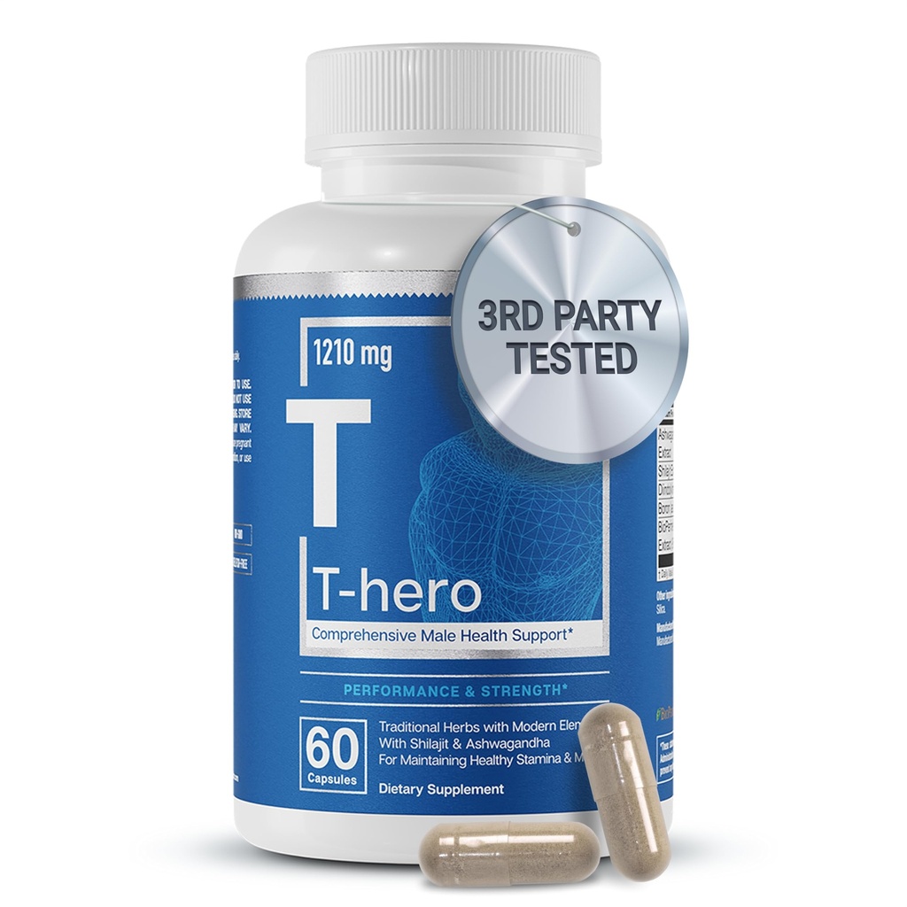 Elementos Essenciais T-Hero - Apoio diário à testosterona para homens - Promove Vitalidade e Unidade - com Ashwagandha, Shilajit, Boron, DIM - 60 Conde - 30 Servimentos