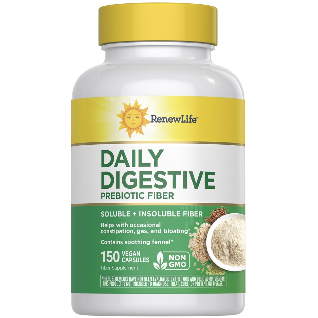 Renew Life Adult Digestive Daily Prebiótico Fibra, 150 Cápsulas Vegetarianas (Package May Vary)