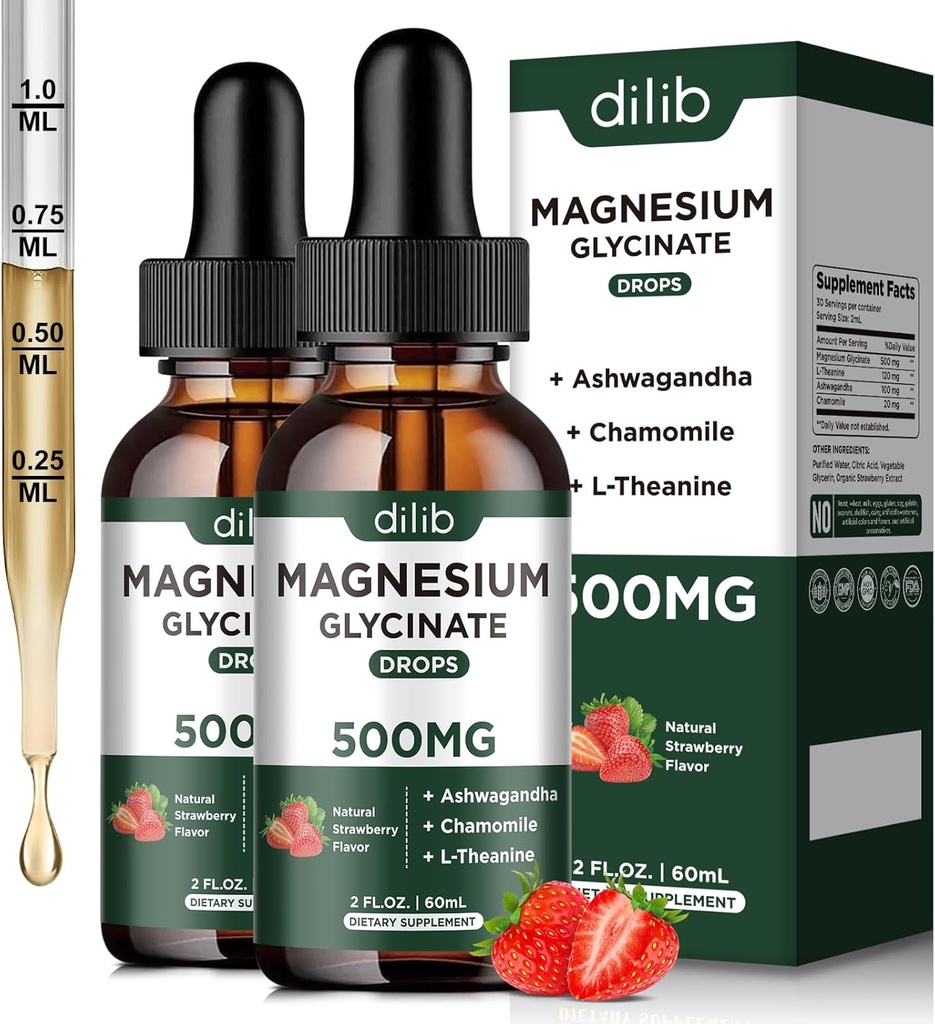 Magnésio Glycinate Liquid Drops Suplementar, com magnésio Glycinate 500mg Ashwagandha, L - Theanina, Camomila - Suportar alívio de estresse, osso, músculo, Mood Strawberry Flavor 2Pack
