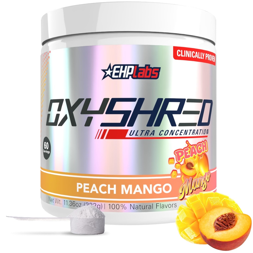 EHP Labs OxyShred pré-treino em pó - pré-treino em pó com L Glutamina e Acetil L Carnitina, Energia Boost Drink - Manga de pêssego, 60 Servings