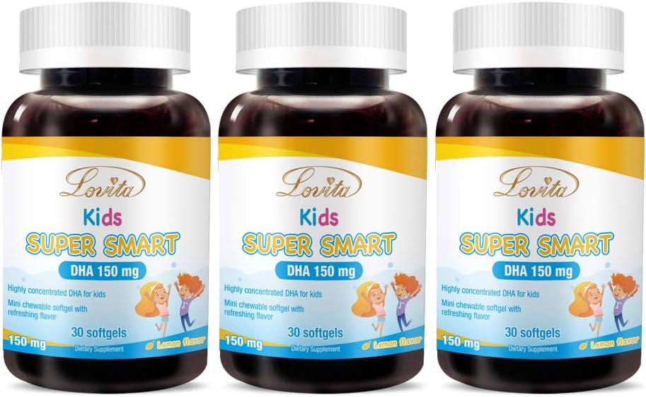 Lovita Kids Super Smart DHA, 150mg DHA e 30mg EPA de Ómega 3 ácidos gordos, Suporta saúde cerebral, sabor limão natural, 30 mastigáveis Softgels (Pack of 3)