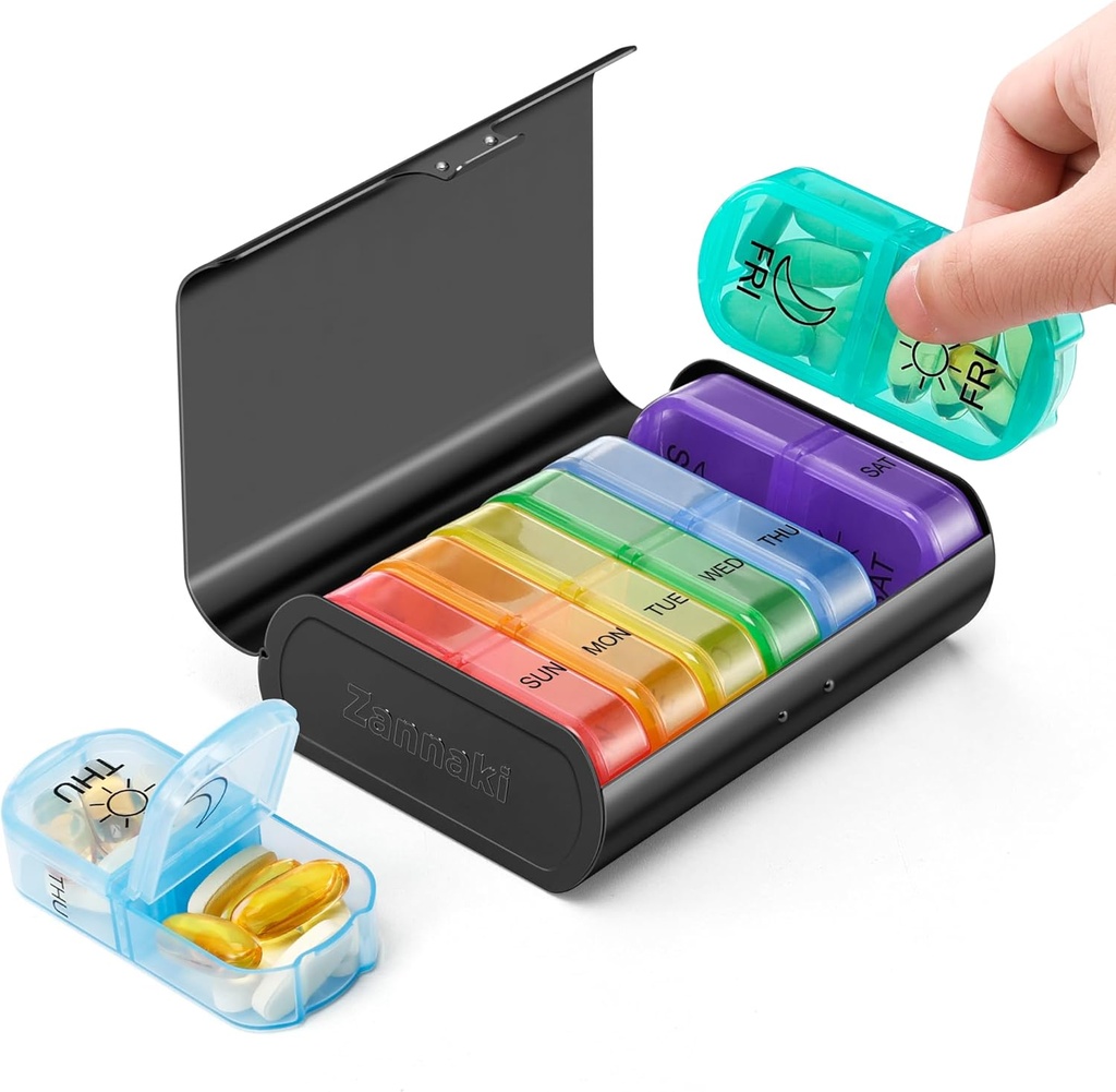 Zannaki Metal XL Organizador de pílulas semanais 2 vezes por dia, grande viagem caixa diária de pílulas 7 dias, portátil semana duas vezes titular de pílulas, AM PM caso de pílulas para medicina Suplemento de vitaminas, Preto