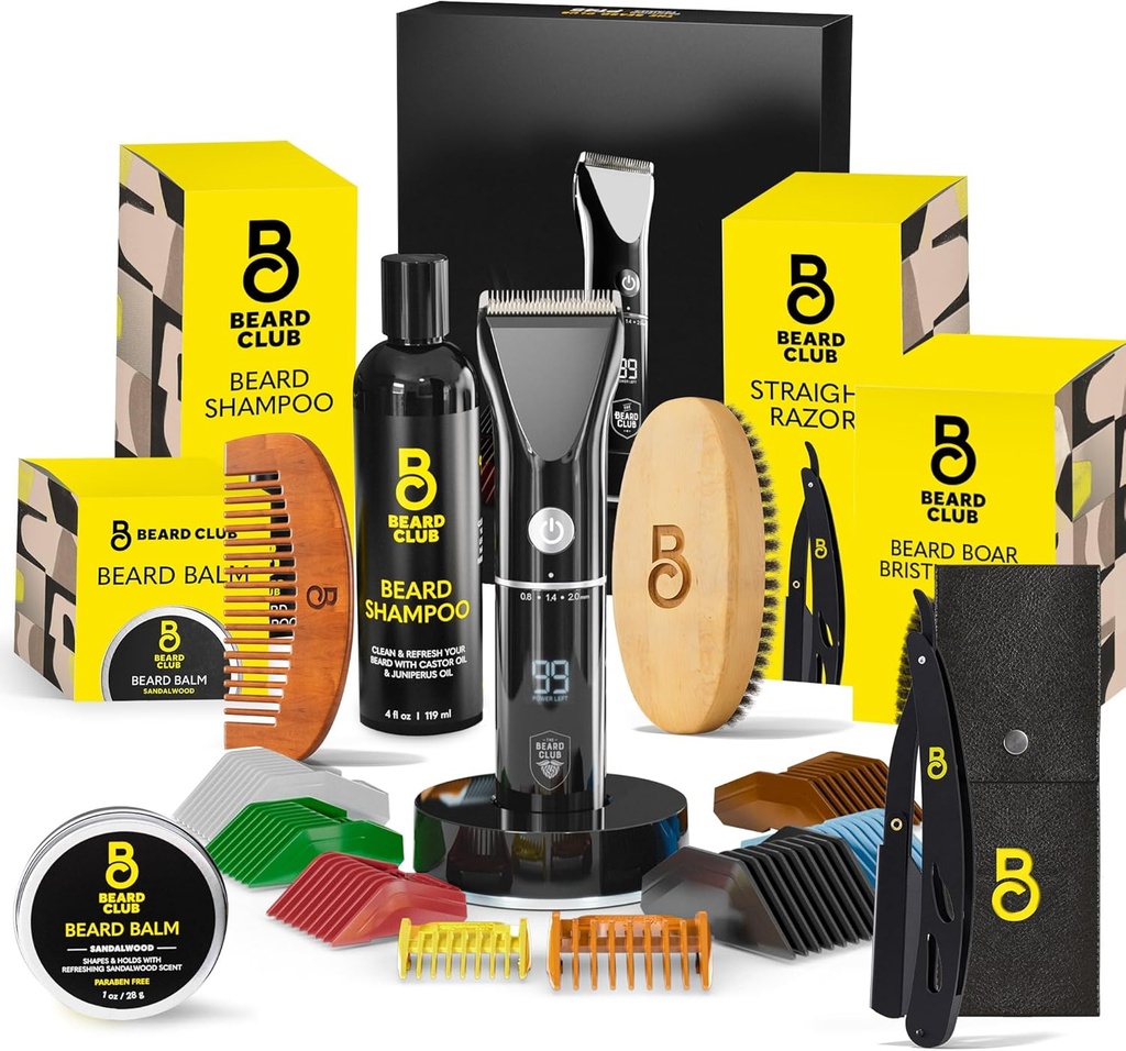 Kit de novilhos masculinos do clube de barba com cabelo recarregável elétrico sem fio profissional & bigode / aparador, Razor de borda reta, Shampoo, Balm, Pincel & Conjunto de presente Comb