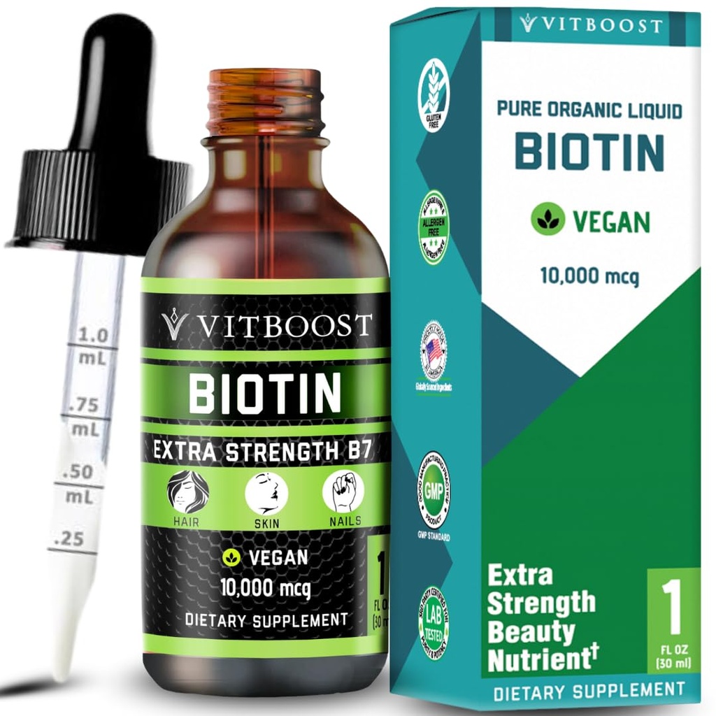 Força extra 10.000mcg Biotin Liquid Drops com sabor de Berry Orgânico 60 Servings Vegan Fórmula suporta o crescimento do cabelo, unhas fortes, pele saudável