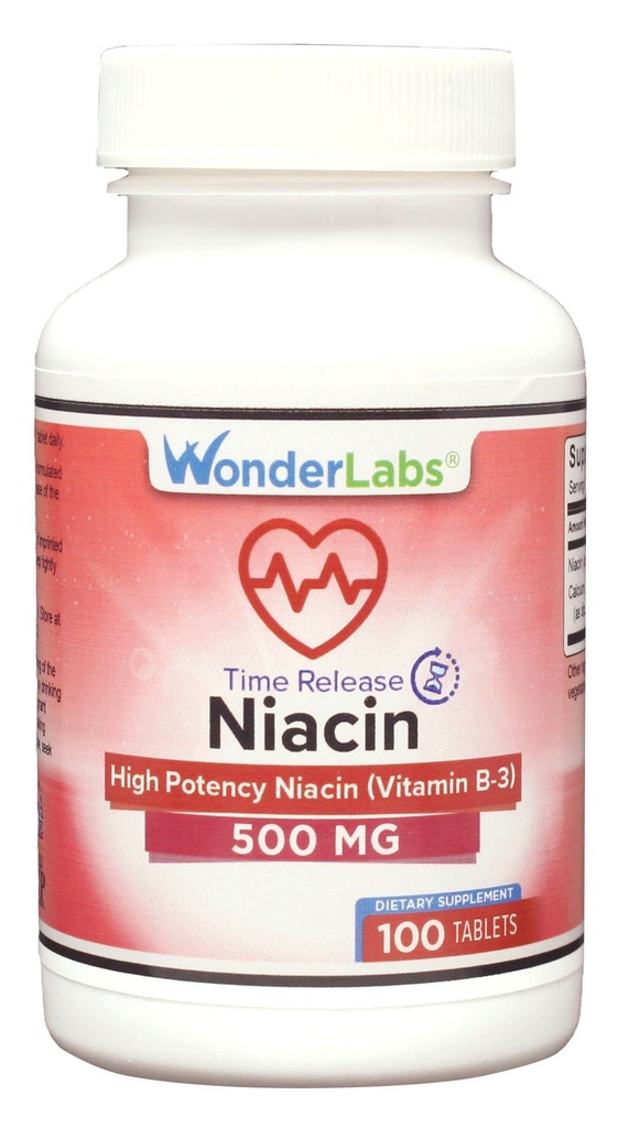 Wonder Laboratories High Potancy Time Release Niacin (Vitamina B3) 500 Mg 100 Comprimidos Não-GMO, Suplemento sem glúten