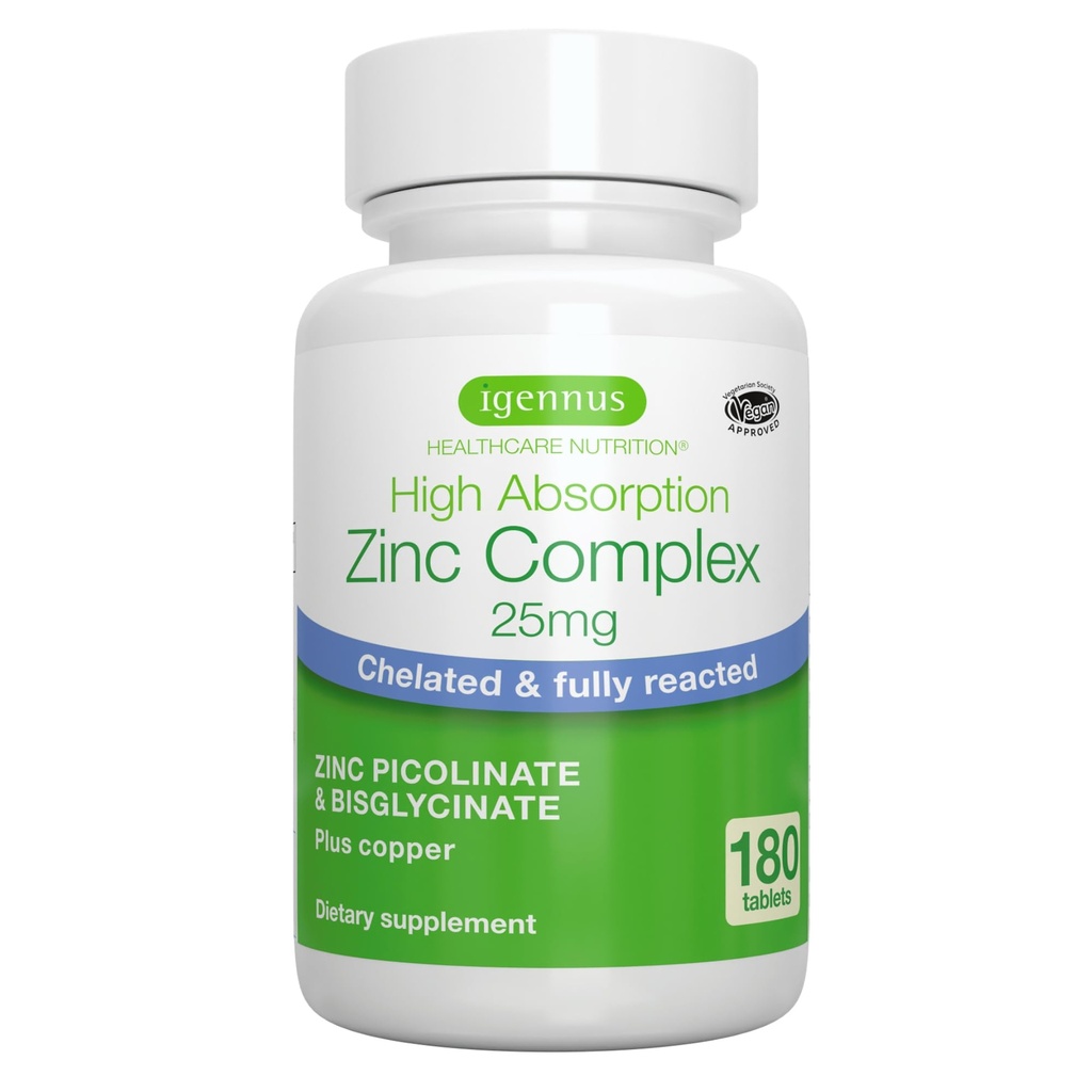 Igennus Clean Quelated Zinc 25mg com cobre, Picolinato e Bisglicinato Totalmente Reagido, Complexo de Alta Absorção, Suplemento para Mulheres e Homens, Lab Verified, Não-GMO, Imune e suporte da pele, 6 meses de fornecimento
