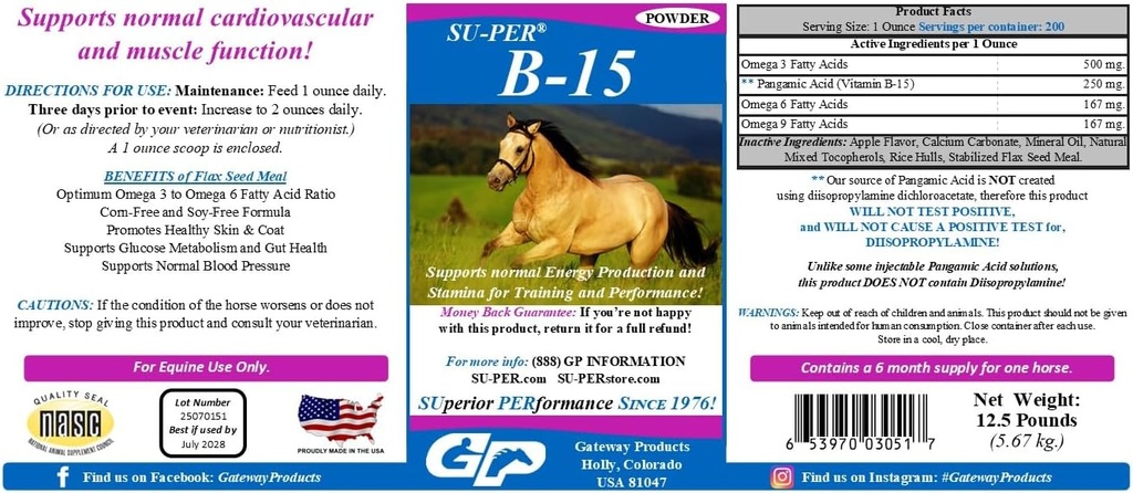 SU-PER B-15 Suplemento de Vitamina para Cavalos - Equino Vitamina B-15 Pó para Suporte de Desempenho - 12,5 Libras, 6 Mês de Fornecimento