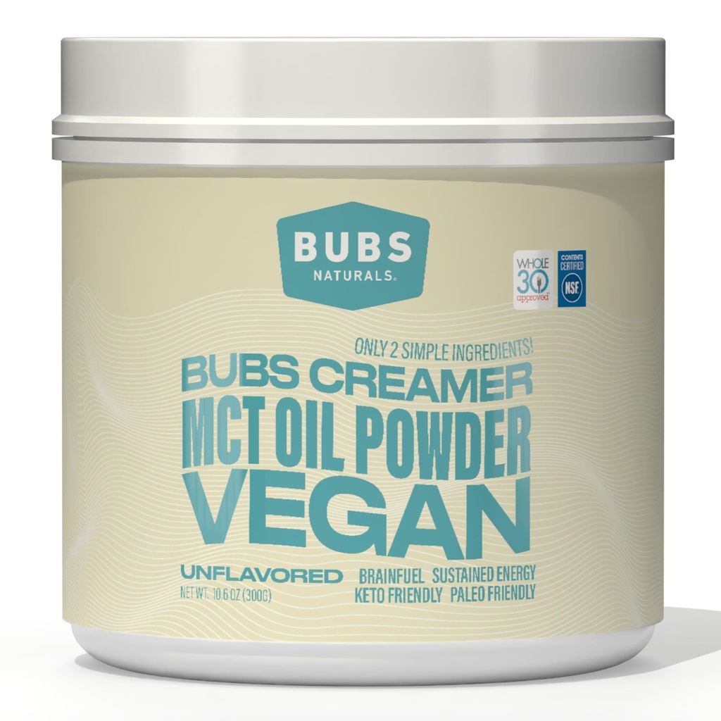 BUBS Naturals MCT Oil Powder - Premium MCT Oil & Keto Cafe Creamer - Vegan & Paleo Friendly - gorduras de coco saudável + baixo carboidrato - fonte de energia livre de leite para batidos, smoothies & cozimento (10.6 onças)