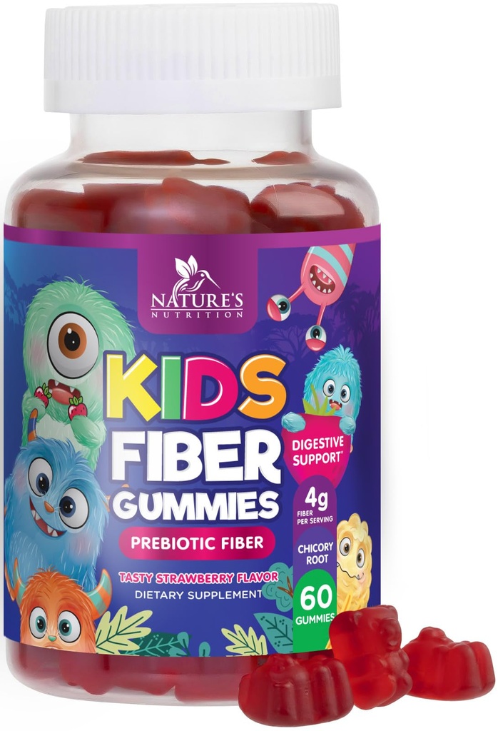 Gummies de fibra para crianças, Suplemento diário de fibra de goma 4g, suporte de saúde digestivo prebiótico - Fibra solúvel baseada na planta da natureza, suporta regularidade e digestão para crianças não-GMO - 60 chicletes