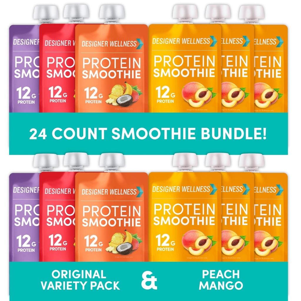 Designer bem-estar proteína smoothies variedade origignal pacote e pacote de manga de pêssego
