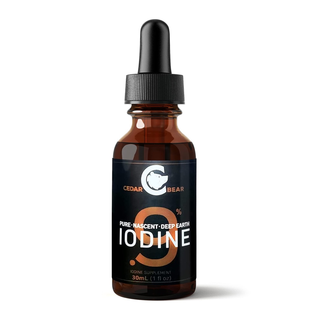 Urso Cedar - 0,9% Pure Nascent Deep Earth Iodine Supplement, Apoio à Tiróide All-Natural e reforço do metabolismo, gotas de iodo livre de álcool, líquido de iodo natural, 1 fl oz / 30 ml