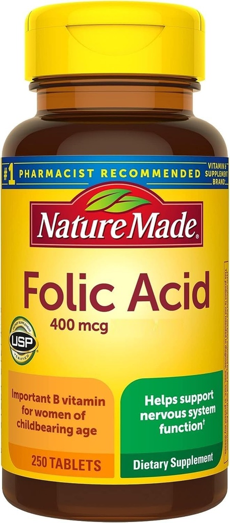 Natural Made Ácido Fólico 400 mcg Comprimidos, 250 Comprimidos