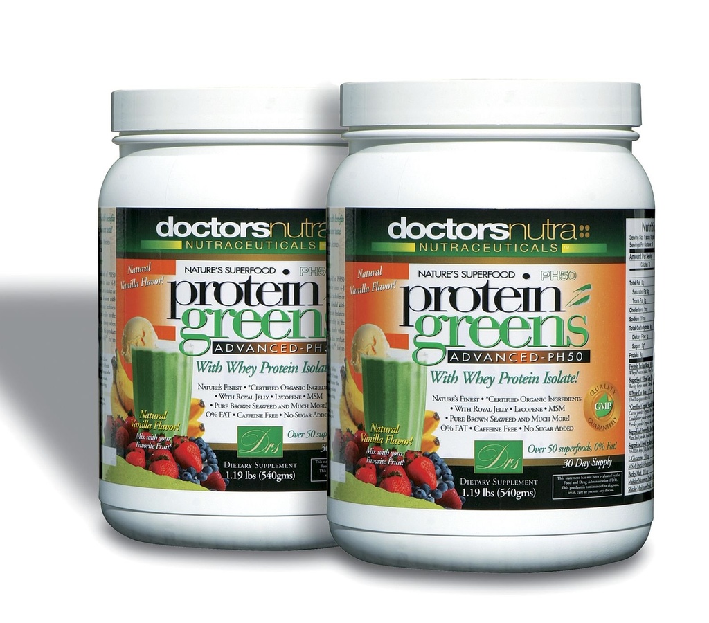 (Pacote de 2) PH50 Protein Greens Beba com Ingredientes Orgânicos Certificados pelos Médicos Nutra Nutracêuticos, 1,19 Libras (540 gramas) 50 Superalimentos, Enzimas Digestivas, Flavor Natural de Baunilha