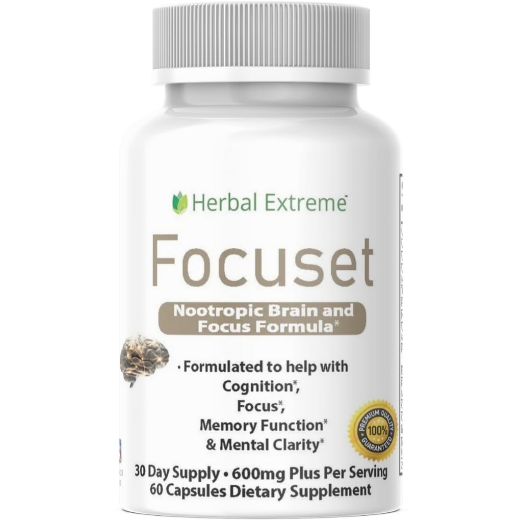 Focuset Nootropics Brain and Focus Formula. 90 Cápsulas Dimetilaminoetanol (DMAE Bitartarato), L-Glutamina, L-Tirosina, GABA, Bacopa e Mais, Branco