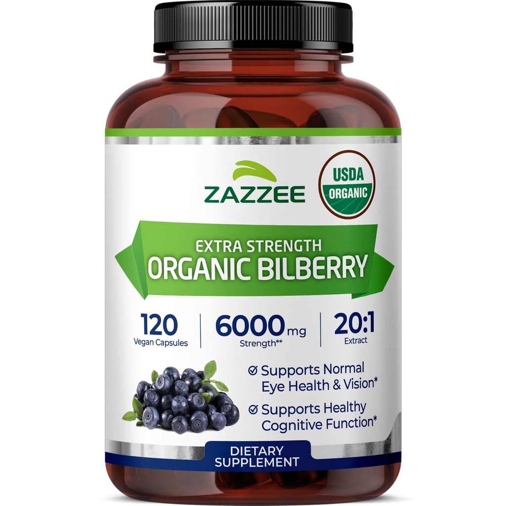 Zazzee USDA Organic Bilberry 20:1 Extract, 6000 mg Força, 120 cápsulas Vegan, Fornecimento de 4 meses, Padrão e concentrado 20X Extract, 100% vegetariano, All-Natural, Não-GMO, Made in the USA