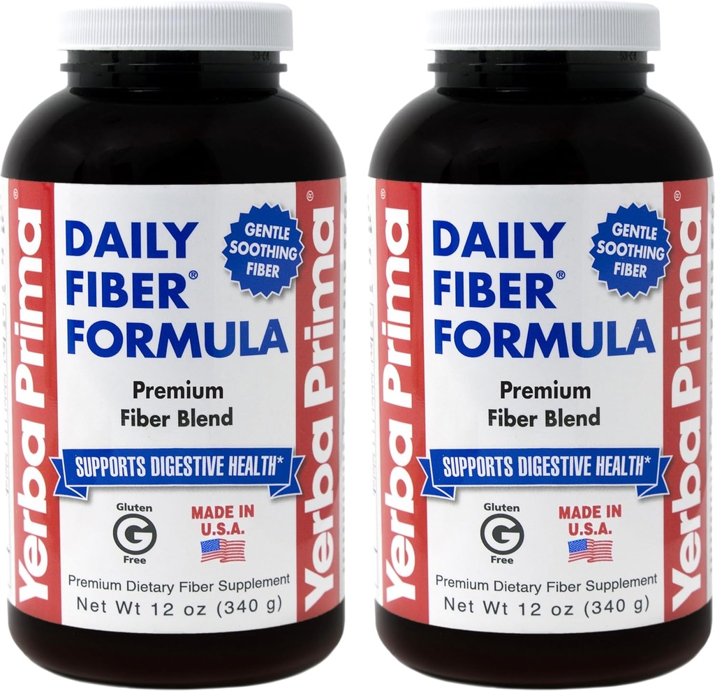 Yerba Prima Fiber Daily Fórmula Pó - 12 onças (Pacote de 2) - Suplemento de fibra alimentar solúvel e insolúvel - Colon Cleanse - Gut Health - Vegan, Não-GMO, Sem glúten