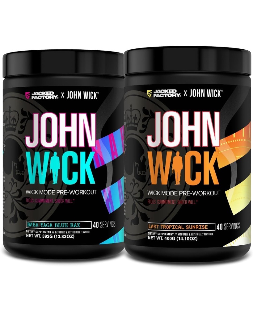 Jacked Factory X John Wick - Wick Modo pré-treino em pó - energia intensa, foco pronto para batalha, compromisso incontrolável e pura vontade - Baba Yaga Blue Raz & Last Tropical Sunrise