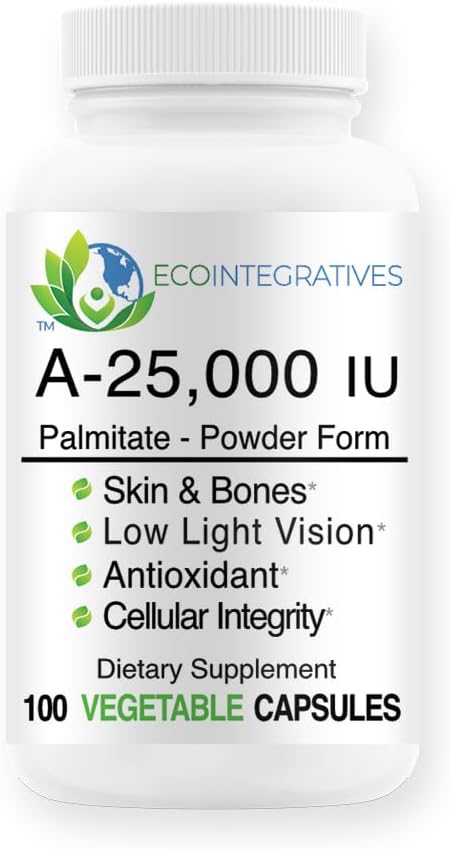 A-25.000 iu Palmitate Vegan, Forma de pó (100 cápsulas) Não-GMO, Suporta baixa visão de luz, Suporte imunológico, Integridade celular da pele e ossos, Antioxidante