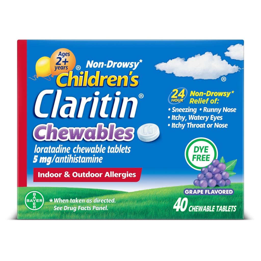 Claritin Children's Allergy Medicine, 24 horas Loratadina não-drowsy 5mg Comprimido mastigável, Anti-histamínico para crianças Idades 2 anos e mais, Grape Flavored, 40 comprimidos