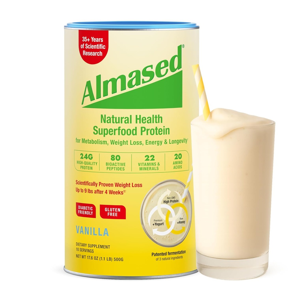 Almased Baunilha Replacement Shake - Baixa Glicemia Alta Base de Plantas Proteína Pó- Peso Nutricional Suplemento de Apoio à Saúde - Vanilla Flavor - 17,6 onças (1 pacote)