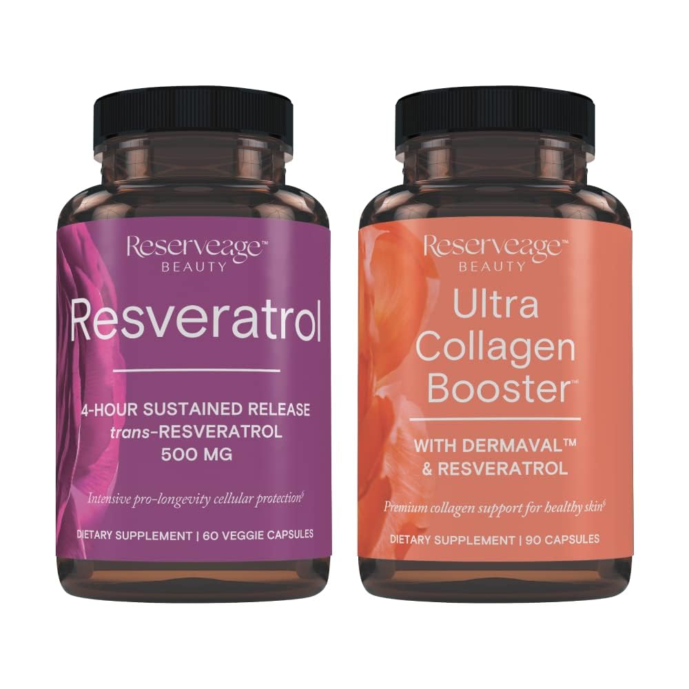Reservage Resveratrol & Ultra Collagen Booster - Resveratrol & Collagen Cápsulas para suporte de células e pele - Características Dermaval - 60 Cápsulas, 90 Cápsulas Ultra Collagen Booster