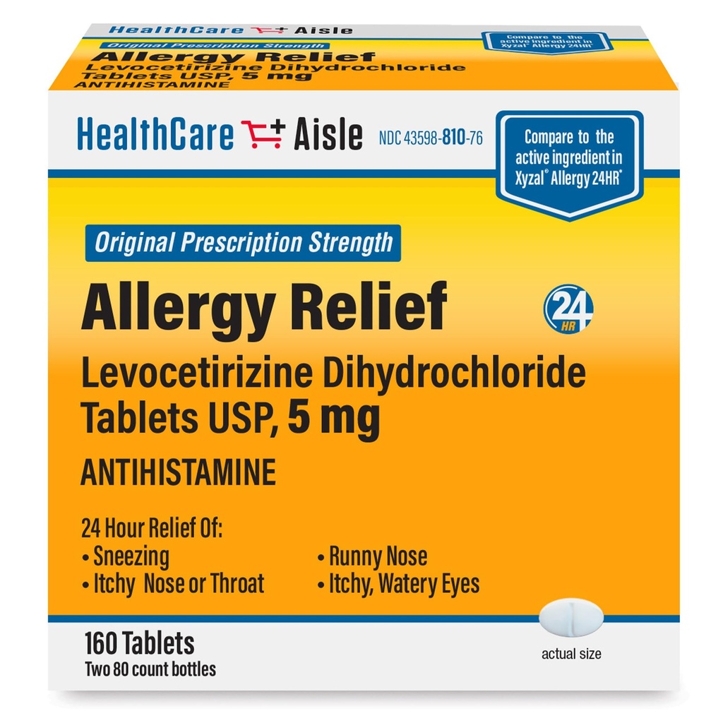 HealthCareAisle Allergy Relief - Levocetirizine Dicloridrato Comprimidos USP, 5 mg, 160 Comprimidos, Medicamentos de Alergia de Força de Prescrição Original, Alívio de 24 horas, 80 Count (Pack of 2)