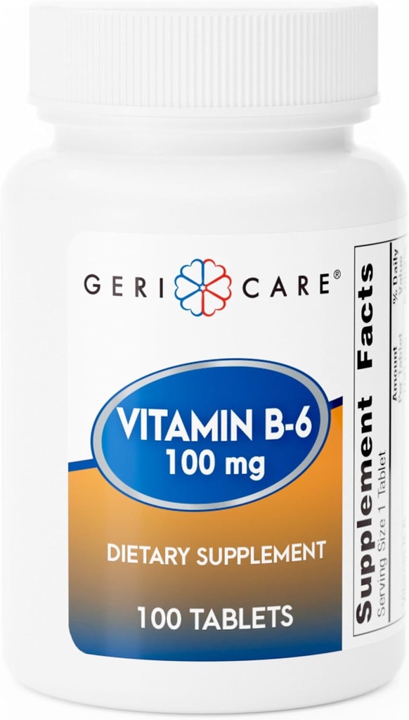 GeriCare Vitamina B-6 100mg, 100 comprimidos – Apoio Nutricional Diário para Função Cérebro Saudável, Melhoramento de Humor, Saúde Circulatória e Metabolismo – Ajuda a combater a fadiga e promover o bem-estar geral