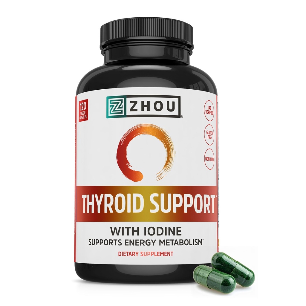 Zhou Thyroid Support - Suplemento de tiroide para mulheres e homens com zinco, iodo e selênio, Metabólica Saúde Complexo de tiroide, Antioxidante Suporte com Aswagandha & Kelp - 120 Cápsulas Veggie
