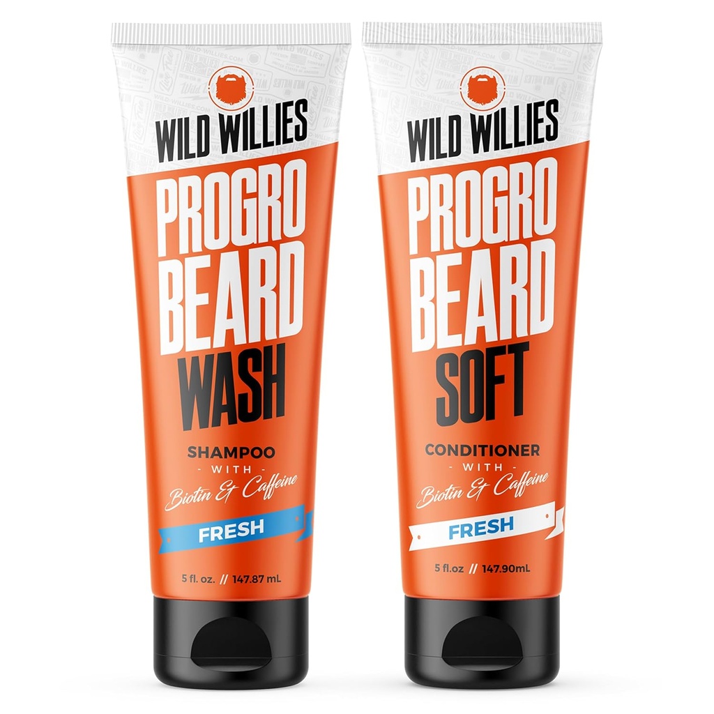 Wild Willies PROGRO Barba Shampoo e Condicionador Kit - Fortificado w/cafeína e biotina - Fortalecendo, Flake-livre, hidratante Barba Lavar e Condicionador para homens, 2 x 5 oz Tubos