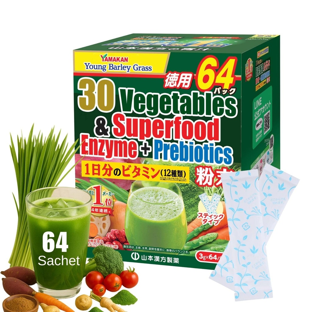 Yamamoto Kanpoh YAMAKAN Verdes Superalimento em pó com Prebiótico Fibra & Enzimas para Digestão, 30 Veggies & Jovem Cevada Suco de grama Mistura do Japão, Gut Saúde para Mulheres & Homens, 64 Packets