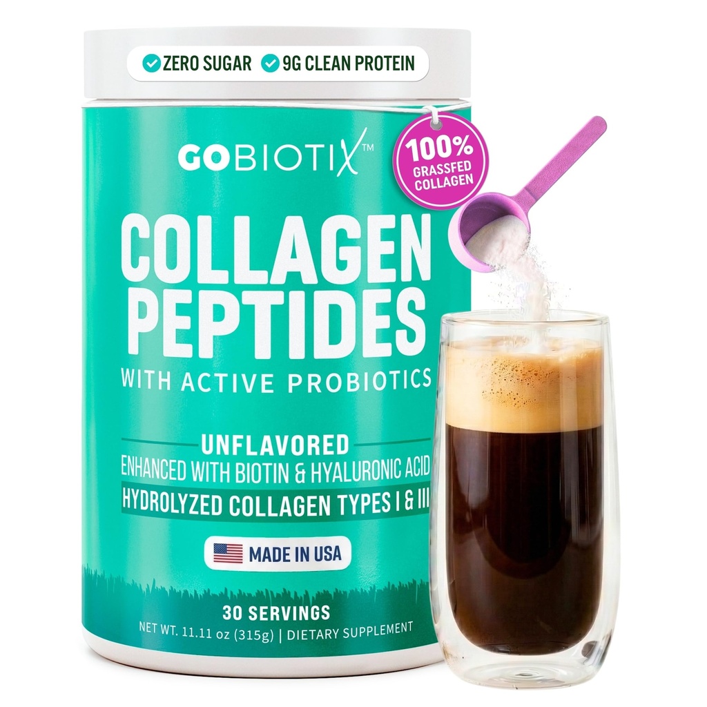 GOBIOTIX Colágeno em pó Suplemento com Probióticos - Pó de Colágeno de Proteína Hidrolisado para Mulheres - Pele e unhas do cabelo, Saúde Conjunta e Digestiva - Peptídeos de Colágeno Tipo I e III - 30 Servões