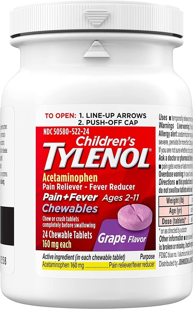 Tylenol Dor infantil Plus Febre, Uva, 24 comprimidos mastigáveis (Pack de 2)