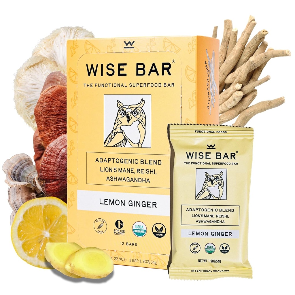 Bar Wise Bar Adaptogen Mushroom Nutrition Bares com Reishi, Lions Mane & Ashwagandha, Vegan orgânico & Gluten Free Snacks para foco natural, energia e suporte de imunidade, limão Ginger Flavor, 12 Conde