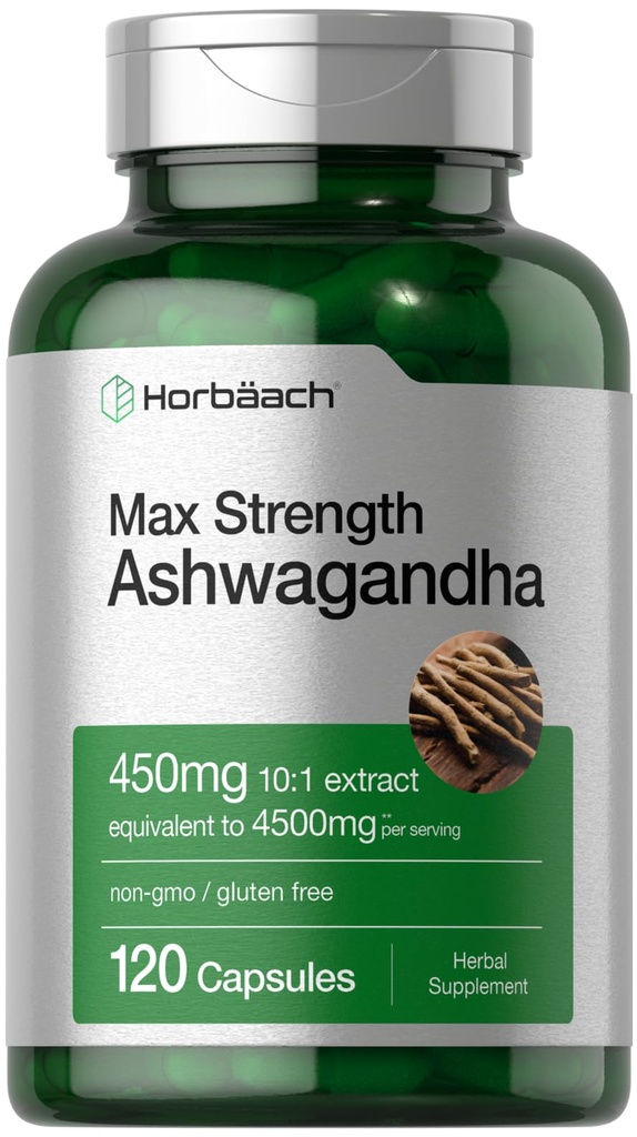 Horbäach Ashwagandha Supplement - Força Máxima - 120 Cápsulas - Não-GMO, Sem Glúten
