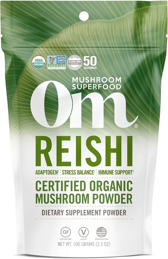 OM MUSHROOM SUPERFOOD Pó de Cogumelo Orgânico Reishi, 3,5 onça, 50 Servings, Adaptogen, Stress & Imune Support, Superfood Suplemento de Cogumelo